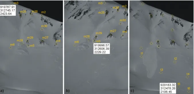 Figure 3.10: Images used in the photogrammetric process. a) and b) are the left and right images for the avalanche released on 13 February 2013 for t=20s after triggering.