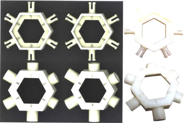 Figure  3-7:  Top  from  left:  a  CAD  rendering  of  the  prototype  platform  for  the  first six  iterations  of  the  male  phosphate  connector;  a  CAD  rendering  of  the  prototype platform  for  the  next  six  iterations  of  the  male  phosphat