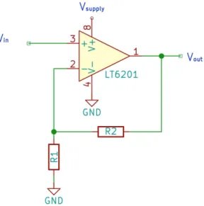 FIG. 9: Single supply noninverting op amp circuit and associated gain equation.