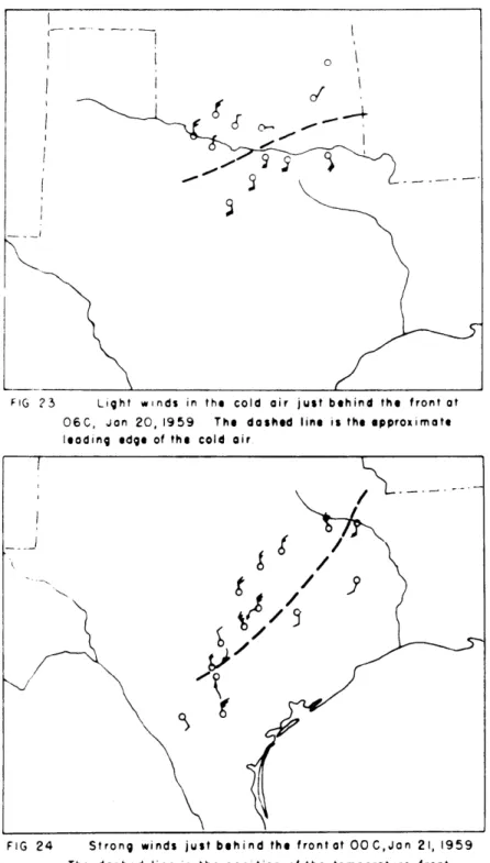 FIG  23  Light  winds  in  the  cold  air  just  behind  the  front  at 06C,  Jon  20,  1959  The  dashed  line  is  the  epproximate leading  edge  of  the  cold  air