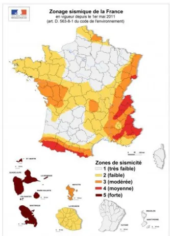 Figure 17 : Carte de France illustrant la répartition des zonages sismiques 
