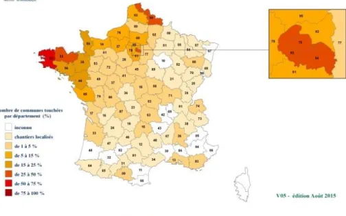 Figure 18 : Carte de France proposée par le FCBA avec la répartition des chantiers où ont été déclarés les  champignons lignivores (version 05 – Aout 2015) 
