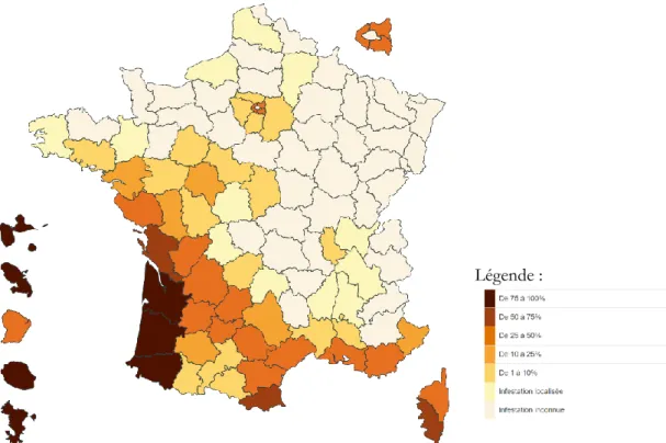 Figure 19 : Carte départementale de la France des infestations proposée par le FCBA 