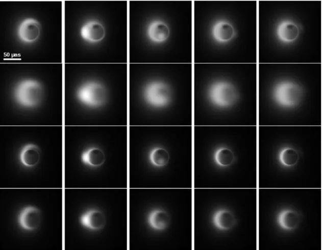 Figure 2. Images of Model B. Columns show orbital phases 0, 0.2, 0.4, 0.6, and 0.8 from left to right