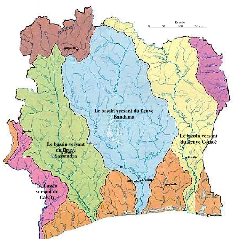 Figure 3 : Le réseau hydrographique et les grands bassins versants de Côte  d’Ivoire (Source : Atlas de Côte d'Ivoire, 1978) 