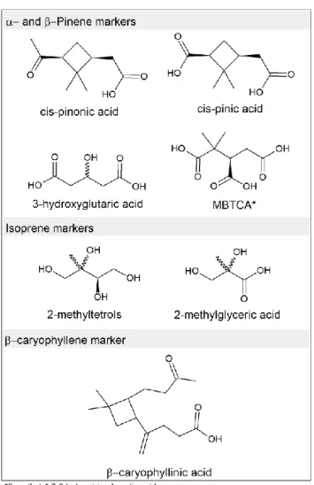 Figure 1. 8 Structures of some biogenic SOA markers divided by their precursor. 