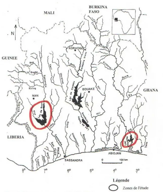 Figure  t  :  Régime hydrographique de  la  Côte d' Ivoire  Source : Gourène el al. ( 1995) 