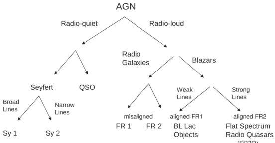 Figure 2.1: Observational classification of AGN. The division is based on the prop- prop-erties, such as the level of radio flux and presence of optical lines in the spectra.