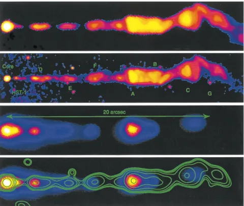 Figure 2.7: Multi-band view of the jet of M87. Top panel: VLA image at 14.435 GHz. Second panel : optical image (in the red part of the optical spectrum) obtained by Hubble Space Telescope