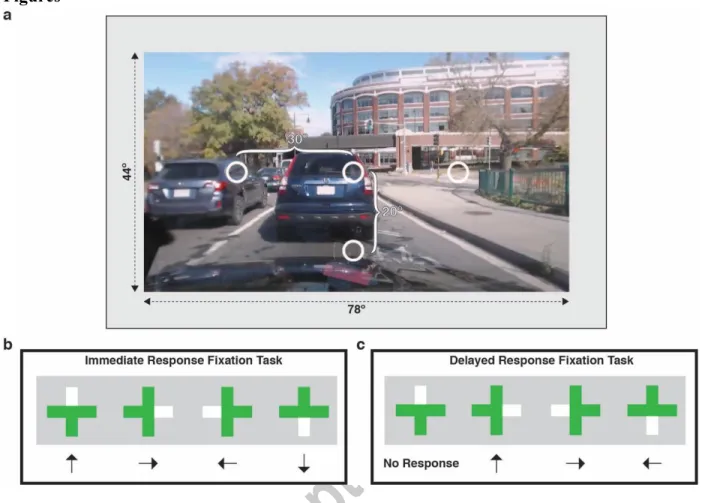 Figure 1: Experimental configuration and secondary task diagram. (a) Visualization of the  display configuration and fixation locations used in Experiments 1 and 2