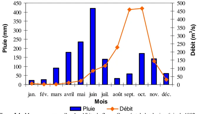 Figure I.4 : Moyennes mensuelles des débits du fleuve Comoé et de la pluviométrie de 1982  à  2006