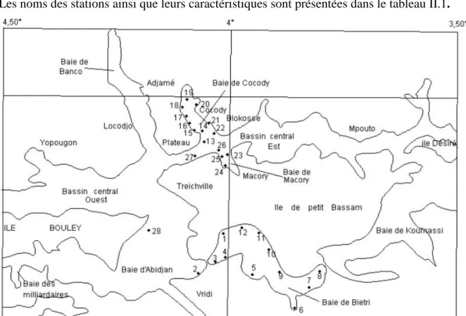 Figure  II.1 :  Localisation  des  sites  et  des  stations  de  prélèvements  aux  déversoirs  des  rejets  en lagune d’Abidjan