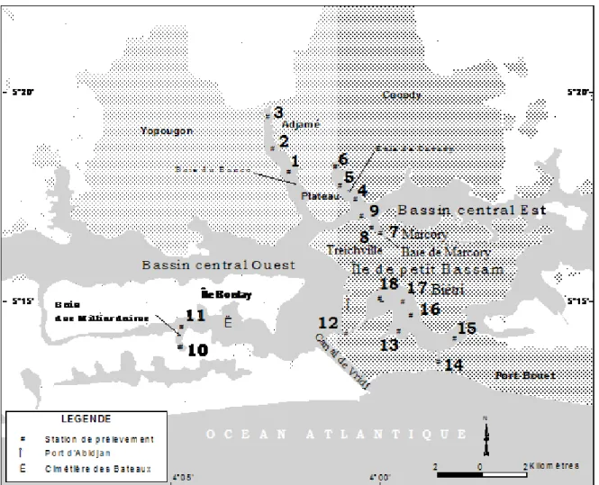 Figure II.2 : Localisation de la zone d’étude et stations de prélèvements des eaux libres des  baies