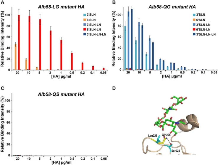Figure 2. Glycan receptor-binding specificity of mutant forms of Alb58 HA. Shown in A-C is the dose-dependent glycan array binding of Alb58-LG, Alb58-QG and Alb58-QS mutants respectively