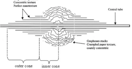 Figure 6: schematic representation of the SB texture in cross-section. It shows the central nanotube (main axis), the  concentric, high-nanotexture graphene layers which make the inner and outer conical part with smooth surface, and  finally the microporou