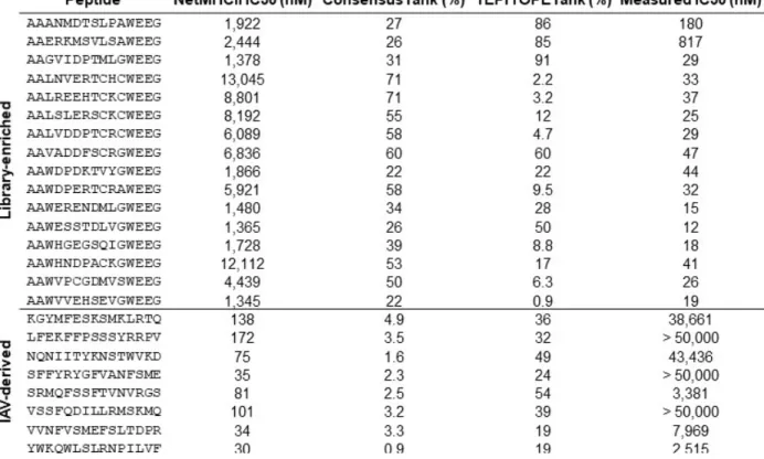 Table  2.1.  Peptides  either  enriched  by  our  randomized  9mer  HLA-DR401  library  selections  but  not  predicted  to  bind  HLA-DR401  by  NetMHCII  or  IEDB  Consensus  (Library-enriched),  or  derived  from  Influenza A virus and predicted to bind