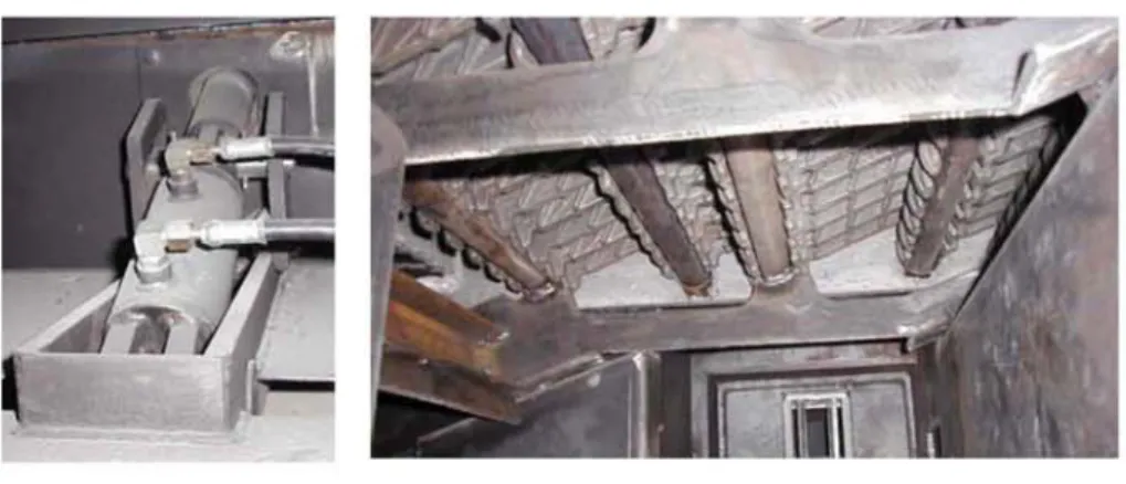 Figure 3-10 : Vue sous le foyer du mode de montage des éléments de grilles (à droite) et du vérin  engendrant le déplacement (à gauche)