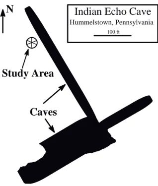 Figure 4: Sketch map for the location of the study area relative to the cave system. The map is simplified from its original form that was created by the York Grotto of the National Speleological Society.