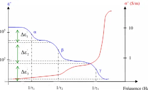 Figure I.18 : Variations de la permittivité relative  et de la conductivité apparente dans  l’équation de Debye modifiée