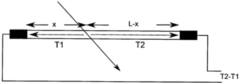 Figure  2-3:  The  plot  shows  the  position  the  particle  goes  through.  Photons  will  fly through  the  counter  and reach  both ends  of  counter,  with  flying  time  Ti  and  T2.
