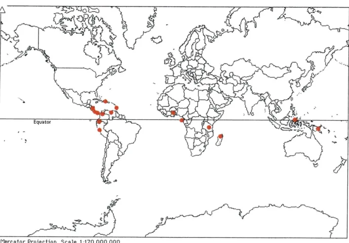 Figure  13.  Map  of locations  (shown  as red dots)  of chocolate  samples that were analyzed  during this study.