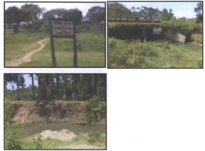 Figure 2-6: Uganda Kufu Police Post (top left), Kufu Bridge (top right), and sand mining and eroded banks adjacent to Kufu Bridge (bottom)