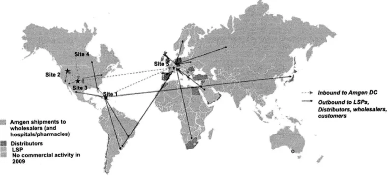 Figure  4: Global distribution  map with product flow starting from  Site  1  packaging  stage