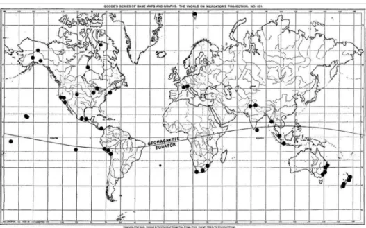Figure  1.6 : Carte des principaux sites accueillant des stations d’observation des rayons cosmiques  (Compton 1933) 