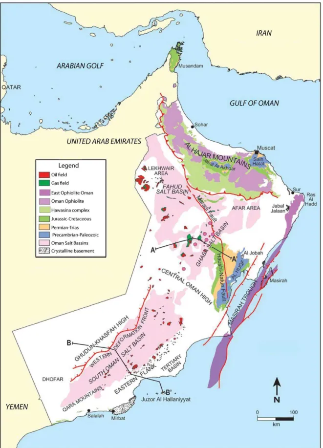 Figure II.1:  Carte géologique et structurale du Sultanat d’Oman comprenant deux unités tectono- tectono-stratigraphiques  majeures  :  (1)  les  unités  autochtones  et  para-autochtones  (socle   Précambiren-Protérozoïque  et  les  couvertures  Permien-T