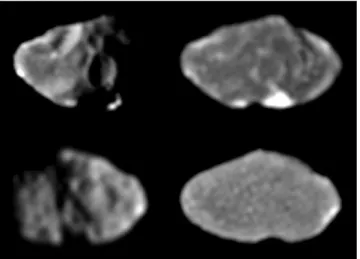 Figure 1.8 – Images d’Amalth´ee prises par la sonde Galileo mettant en ´evidence sa forme irr´eguli`ere
