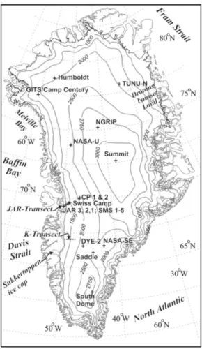 Figure  1.1.  Carte  topographique  du  Groenland  ainsi  que  du  réseau  des  stations  météorologiques automatiques du réseau GC-Net