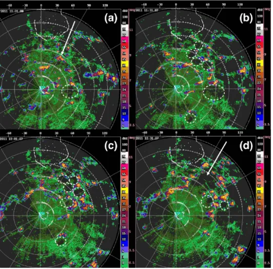 Figure 1.11 Cold pools over the tropical Indian ocean, as seen by the absence of reflectivity from radar observations, during the AMIE/DYNAMO field campaign