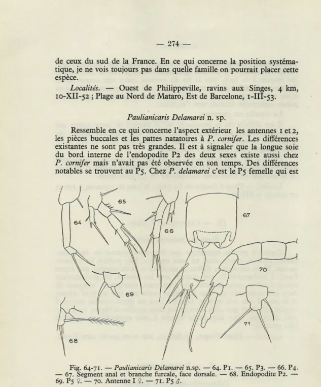 Fig.  64-71.  —  Paulianicaris  Delamarei  n.sp.  —  64. Pl.  —  65.  P3.  —  66.  P4