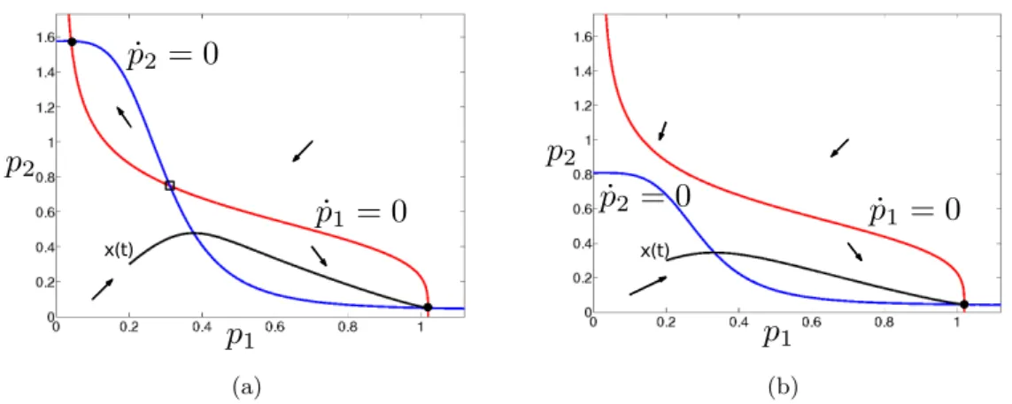 Figure 3.3: Phase planes for the system (3.10) for two sets of parameter values: (a) bistability, or (b) single steady