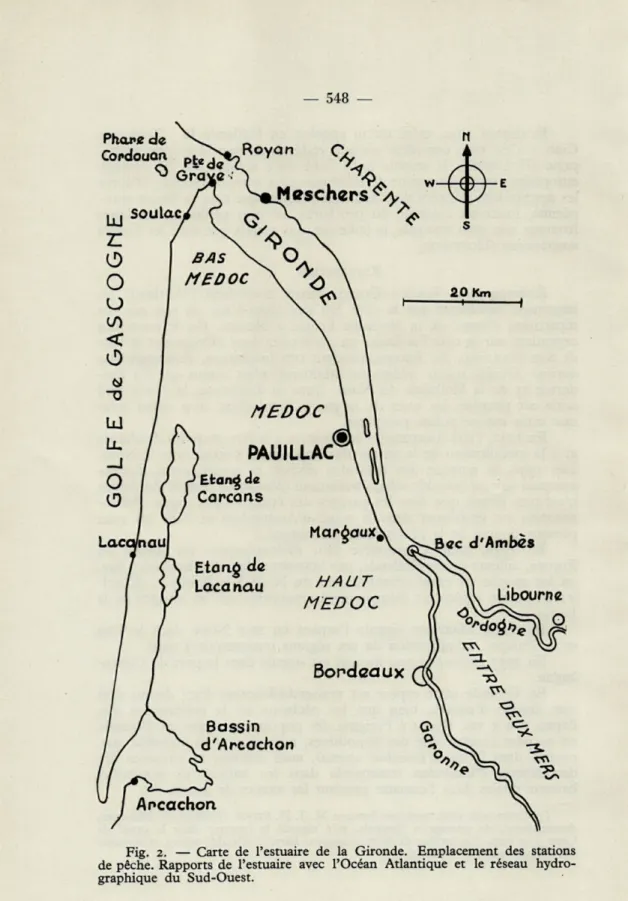 Fig.  2.  —  Carte  de  l'estuaire  de  la  Gironde.  Emplacement  des  stations  de  pêche