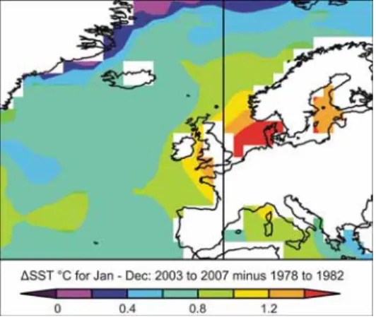 Figure 6 - Augmentation de la température de surface de l’Atlantique nord-est (Tasker M.L., 2008) 