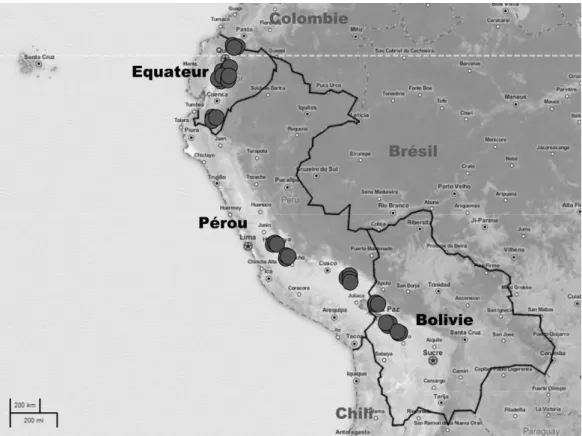 Fig. 11 : Cartographie des 6 zones de surveillance des abondances des espèces de teignes de la pomme de terre  dans  les  Andes  entre  2009  et  2012  (nord,  centre  et  sud  de  l’Equateur,  centre  et  sud  du  Pérou  et  nord  de  la  Bolivie)