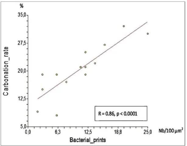 Figure 3.  Relation entre teneur en carbonate de l’apatite et concentration en empreintes de  bactéries dans les calculs d’origine infectieuse d’après [121]