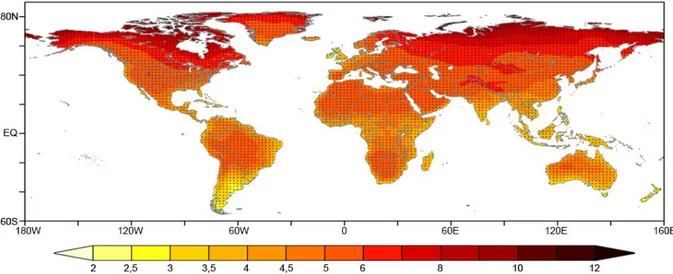 Figure I.1 : Distribution spatiale des prévisions des changements de température annuelles (°C) durant la période  2071-2100 par rapport à la période 1961-1990 d’après le scénario RCP8.5 (Feng et al., 2014)