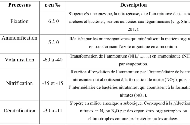 Tableau  II.1 :  Principaux  processus  liés  au  cycle  biogéochimique  de  l’azote  et  leur  facteur  d’enrichissement  isotopique ε (d’après Robinson, 2001)