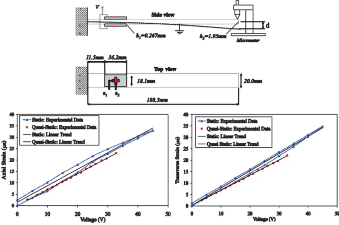 Figure  2.  Montage expérimental pour l’analyse des déformations axiale et  transverse par des jauges de déformation sur les faces des éléments  piézoélectriques avec potentiel électrique appliqué