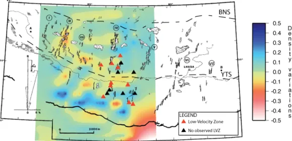 Figure 7. Structural map from Armijo et al. (1986) overlayed on our density model for layer 2 (40 km depth)