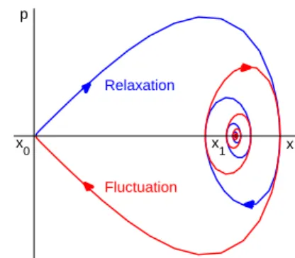 Fig. 8 Schematic representation of the fluc- fluc-tuation and relaxation paths between an  at-tractor of the deterministic dynamics x 0 and another point X in the basin of attraction of x 0 , for the over-damped dynamics