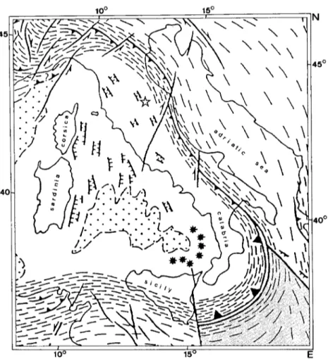 FIG.  1.  Generalized tectonic map  of the  T y r r h e n i a n  basin after  Philip  (1983)