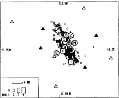 FIG.  6.  Epicenters  of  aftershocks  (rectangles)  recorded  from  6  May  to  10  May  1984