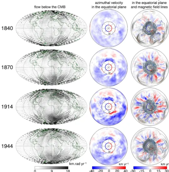 Figs 7 and 8 present key steps of the flow and magnetic field evolution between 1840 and 2010, inverted using prior CE and  ge-omagnetic field model COV-OBS