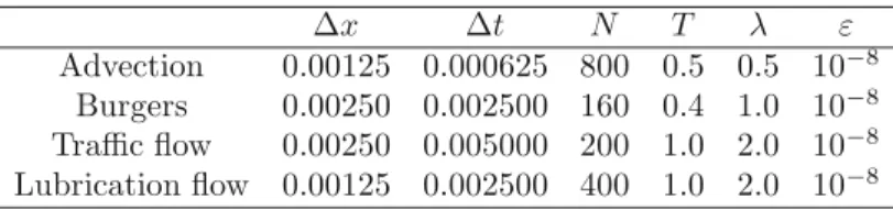 Table 1. Numerical parameters: Δx (spatial step), Δt (time step), N (number of time steps), T (ﬁnal time), λ (CFL parameter), ε (precision in the Newton procedure).