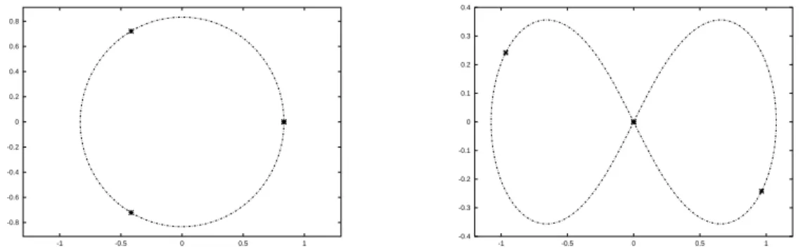Fig. 1 – La solution circulaire de Lagrange et le ”huit” (d’apr`es [Si4]). Trois corps se suivent sur la mˆeme courbe.