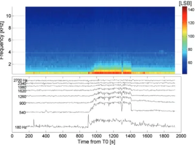 Figure 20: Electric signal measured with the PWA receivers in the VLF range between 140 and 60 km