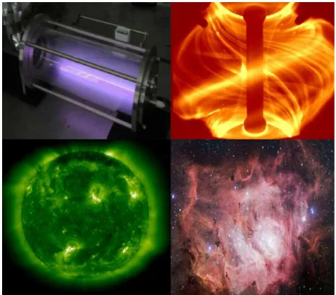 Figure 3.1: Diﬀerent types of plasmas: argon glow discharge (left above), fusion plasma (right above), uv image of solar corona (left below) and highly dense Lagoon nebula (right below).